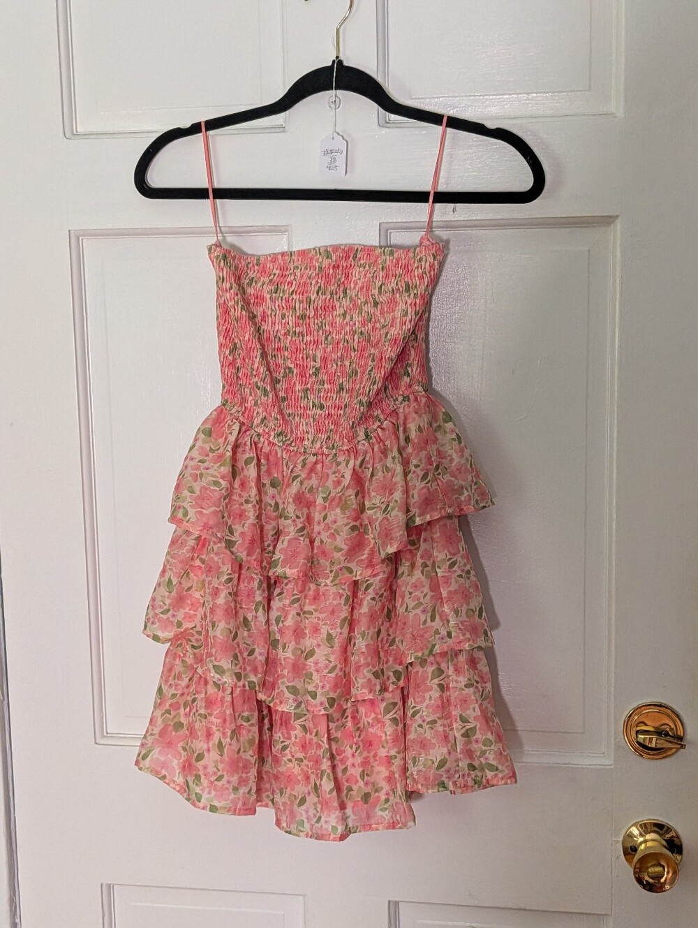 Selfie Leslie Pink Floral Shirred Strapless Tiered Ruffle Mini Dress M - Picture 2 of 5